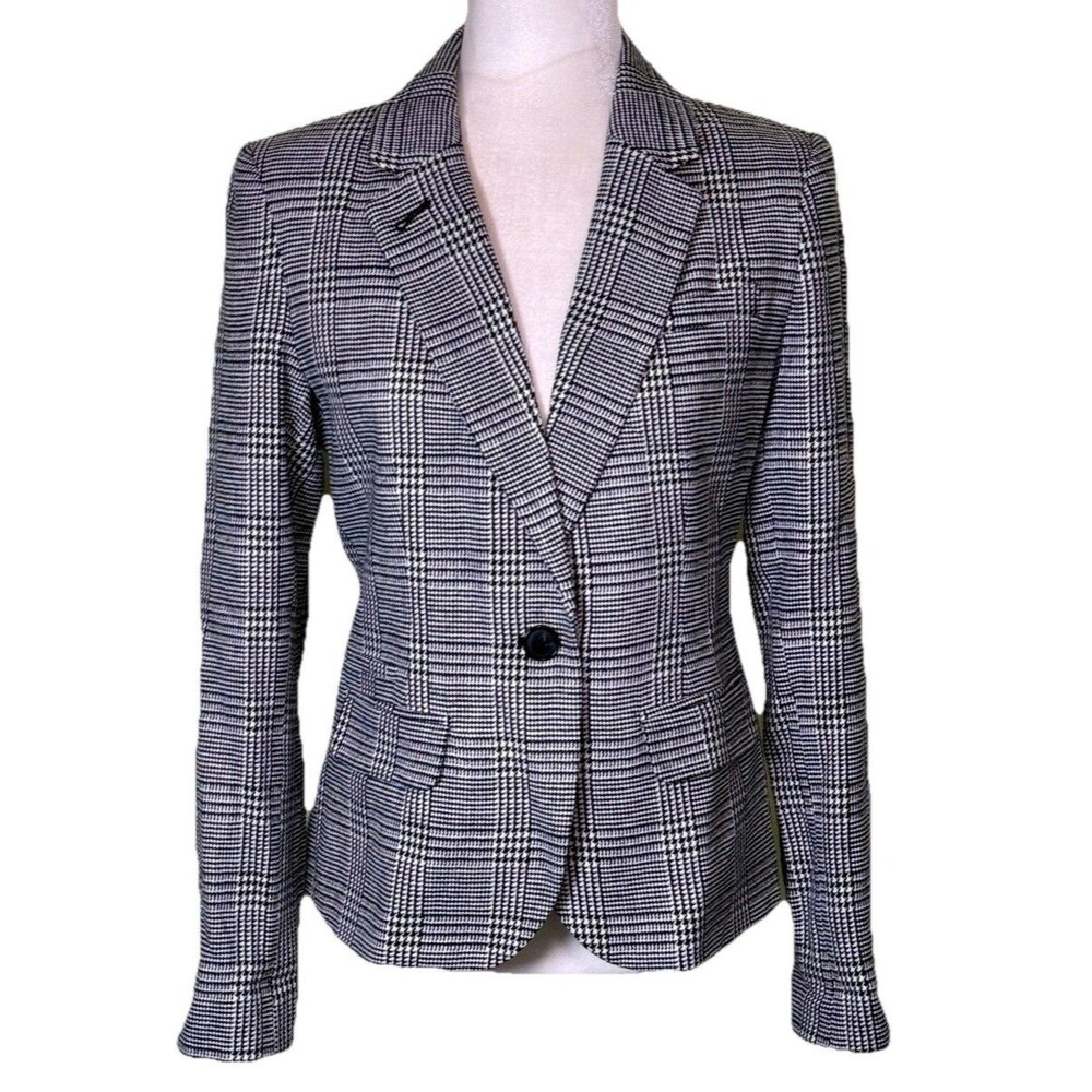 Women’s Power Dressing Plaid Tailored Suit Blazer Jacket Black White Office Sz 6